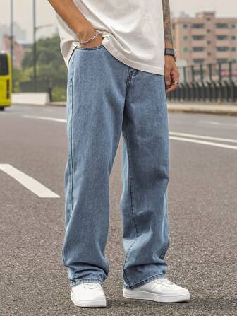 Men's Washed Light Blue Straight Jeans, Men's Loose Jeans, Retro Y2K Style, Simple And Versatile