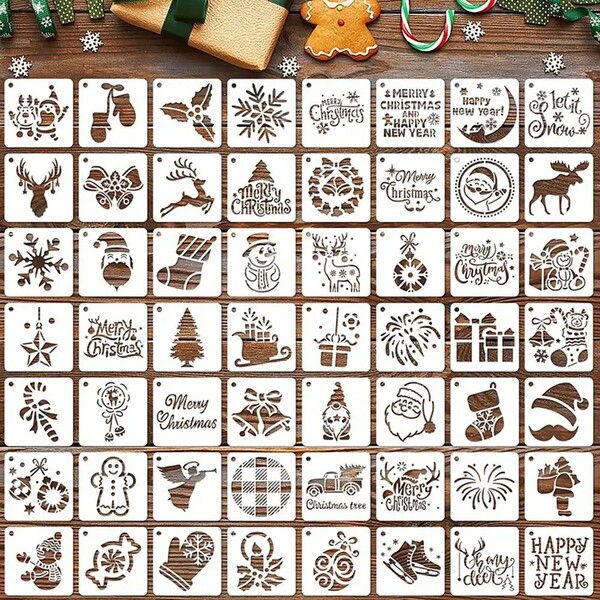 56pcs/Pack Christmas Dot Painting Stencils, DIY Christmas Pattern Templates For Bullet Journal Drawing, Wall Floor Decoration, Rock Painting Crafts (3 Inches)