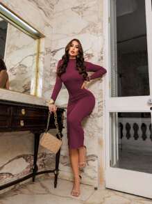 ANA Brown Midi Dress, Slim Fit, Elegant, Chic, Butt Lifting, Gringa - 酒紅色 - 查看 2