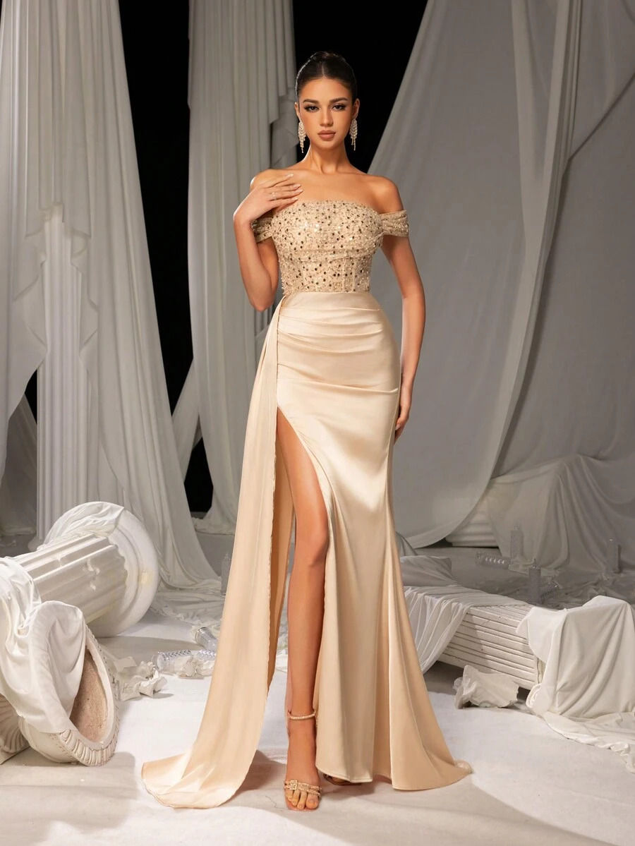 Faeriesty Elegant Off-Shoulder Sequin Mermaid Formal Dress, Suitable For Party, Gala, Wedding Guest, Graduation Ceremony, Banquet