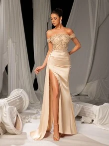 Faeriesty Elegant Off-Shoulder Sequin Mermaid Formal Dress, Suitable For Party, Gala, Wedding Guest, Graduation Ceremony, Banquet - Champagne - View 6