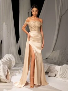 Faeriesty Elegant Off-Shoulder Sequin Mermaid Formal Dress, Suitable For Party, Gala, Wedding Guest, Graduation Ceremony, Banquet - Champagne - View 5