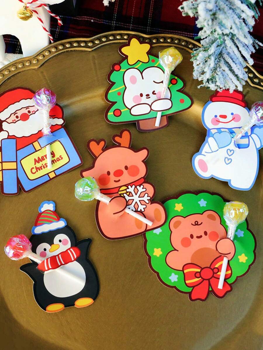 1 包/60 件圣诞卡通圣诞老人、雪人、企鹅棒棒糖贺卡适用于圣诞派对糖果装饰 - 彩色 - 查看 1