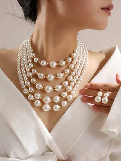 1pc Multi-Layered Pearl Elegant Women's Necklace With 1 Pair Pearl Earrings, Bridal Fashion Jewelry Set