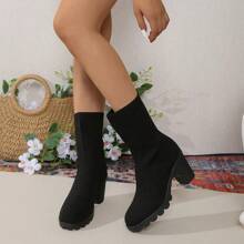 Giày bốt đế dày thời trang dành cho nữ, giày bốt ngắn đế cao chống thấm nước, giày bốt cao đến giữa bắp chân, giày bốt cao gót chun co giãn, giày bốt kiểu phương Tây, giày bốt mô tô, giày cao gót màu đen, giày bốt màu đen, giày bốt mùa đông, giày lười - màu đen - Xem 3