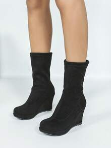 女式全新厚底厚底坡跟系带圆头中筒靴，时尚防水毛皮衬里一脚蹬黑色弹力高筒靴，加大码 - 黑色 - 查看 7