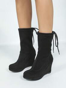 女式全新厚底厚底坡跟系带圆头中筒靴，时尚防水毛皮衬里一脚蹬黑色弹力高筒靴，加大码 - 黑色 - 查看 2