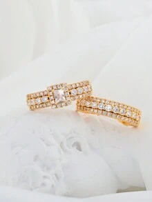 2pcs/Set Adjustable Sparkling Cubic Zirconia White Gold Plated Ring Set,Fashion Statement Eternity Promise Stackable Rings For Women,Ladies Jewllery,Women Gifts,Wedding Ring Set,Engagement Anniversary Rings Jewelry Gifts - Gold - View 7