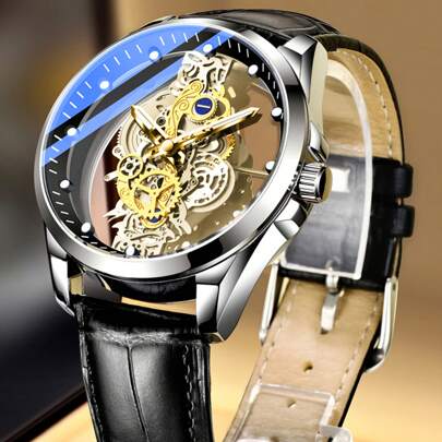 CTPOR 50米防水金色316不锈钢镂空腕表，搭载日本进口石英自动机芯 - 高品质内置长寿命电池，机械齿轮显示，夜光指针，奢华生日礼物，丈夫父亲节，婚礼纪念品，考试返校必备品