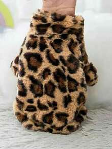 1 件装新款小型犬秋冬季时尚豹纹毛绒外套加厚保暖夹克 - 棕色 - 查看 10
