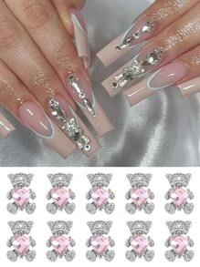 10Pcs Metallic Bear Shaped Nail Decorations - Silver Bear With Pink Rhinestone, Jewelry For Women And Girls Nail Art Diy Nail Supplies Nails Nail Charms Nail Gems