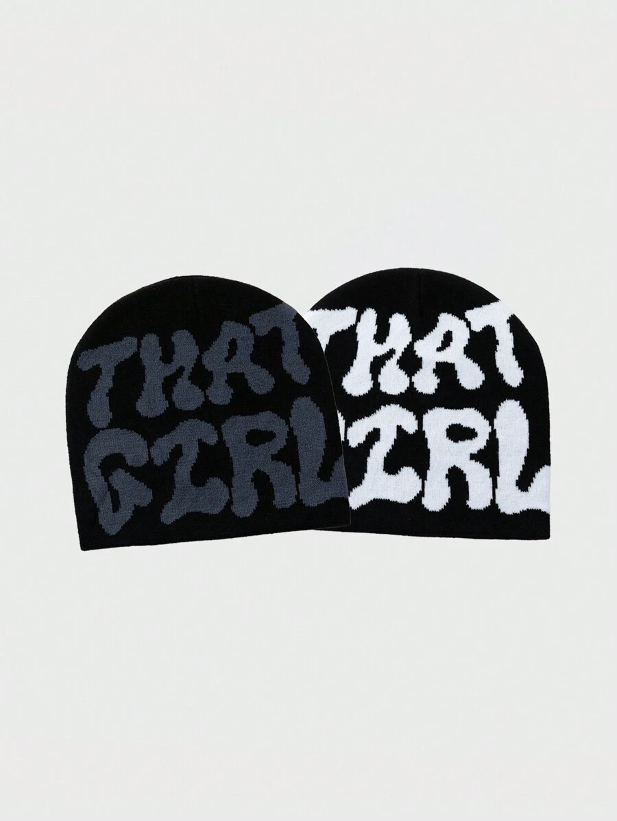 2pcs/Set Women's Fashion Jacquard "THAT GIRL" Pattern Beanie Hat, Suitable For Autumn/Winter Daily Outfit - Multicolor - View 1