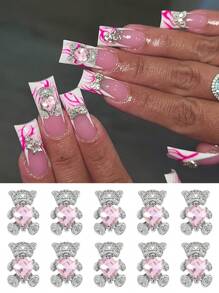10Pcs Metallic Bear Shaped Nail Decorations - Silver Bear With Pink Rhinestone, Jewelry For Women And Girls Nail Art Diy Nail Supplies Nails Nail Charms Nail Gems