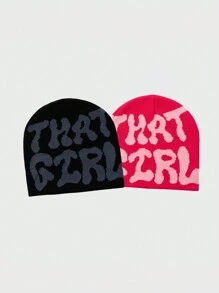 2pcs/Set Women's Fashion Jacquard "THAT GIRL" Pattern Beanie Hat, Suitable For Autumn/Winter Daily Outfit - Multicolor - View 3