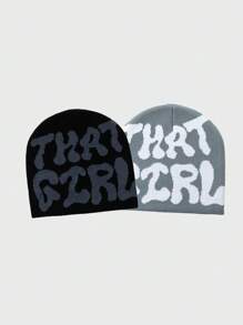 2pcs/Set Women's Fashion Jacquard "THAT GIRL" Pattern Beanie Hat, Suitable For Autumn/Winter Daily Outfit - Multicolor - View 4