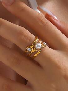 1pc High-End Luxury Pearl Inlaid Stainless Steel Open Ring, Fashion Retro Design, Suitable For Women's Ball & Party Wear - Yellow Gold - View 14