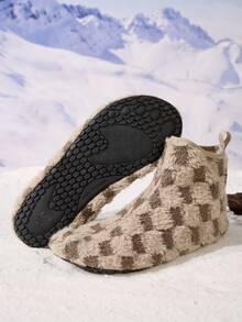 JEKO 男士简约韩版格子高帮家居室内拖鞋，保暖踝靴，百搭舒适，适合秋冬季 - 卡其色 - 查看 5