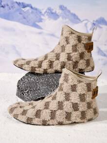 JEKO 男士简约韩版格子高帮家居室内拖鞋，保暖踝靴，百搭舒适，适合秋冬季 - 卡其色 - 查看 3