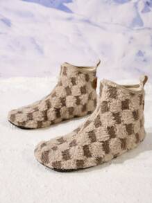 JEKO 男士简约韩版格子高帮家居室内拖鞋，保暖踝靴，百搭舒适，适合秋冬季 - 卡其色 - 查看 1