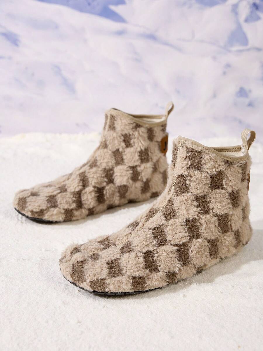 JEKO 男士简约韩版格子高帮家居室内拖鞋，保暖踝靴，百搭舒适，适合秋冬季 - 卡其色 - 查看 1