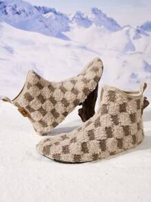 JEKO 男士简约韩版格子高帮家居室内拖鞋，保暖踝靴，百搭舒适，适合秋冬季 - 卡其色 - 查看 2