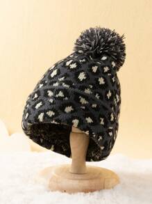 1pc Women's Jacquard Leopard Print Fuzzy Ball Soft Warm Stylish Casual Knit Beanie, Suitable For Daily Street Photography Matching Winter Fall