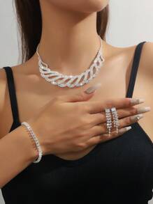 4 件套包括：水钻装饰波浪形项链、配套耳环和手链，适合女性日常通勤、校园约会、婚礼派对、情人节和节日礼物 - 精緻百搭項鍊套裝 - 查看 7