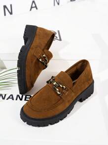 Plus Size Women Round Toe Suede Horsebit Decor Thick Bottom Loafers, Retro British Style Slip-On Flat Oxford Shoes, Brown - Brown - View 4