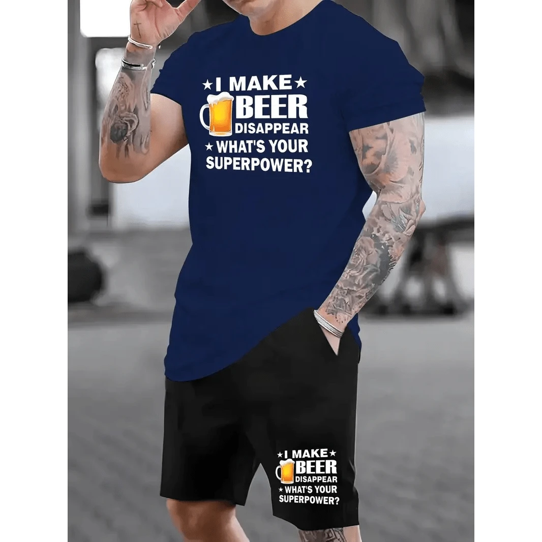 I Make Beer Basic T-Shirt Set (FRONT) Men's Women's Cotton Shirt Reinforced Stitching Unisex StreetWear + I Make Beer Sweatpants (BARRA) Workout Shorts Gym Sport Fitness Casual With Pocket - 藏蓝色 - 查看 1