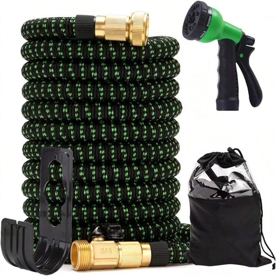 Expandable Garden Hose 75 Ft, 2024 New Flexible Water Hose 75ft With 7 Function Spray Nozzle, 3/4" Leakpoof Solid Brass Fittings, Expanding Double Latex Core, Lightweight, No Kink, No Tangle - 綠色 - 查看 1