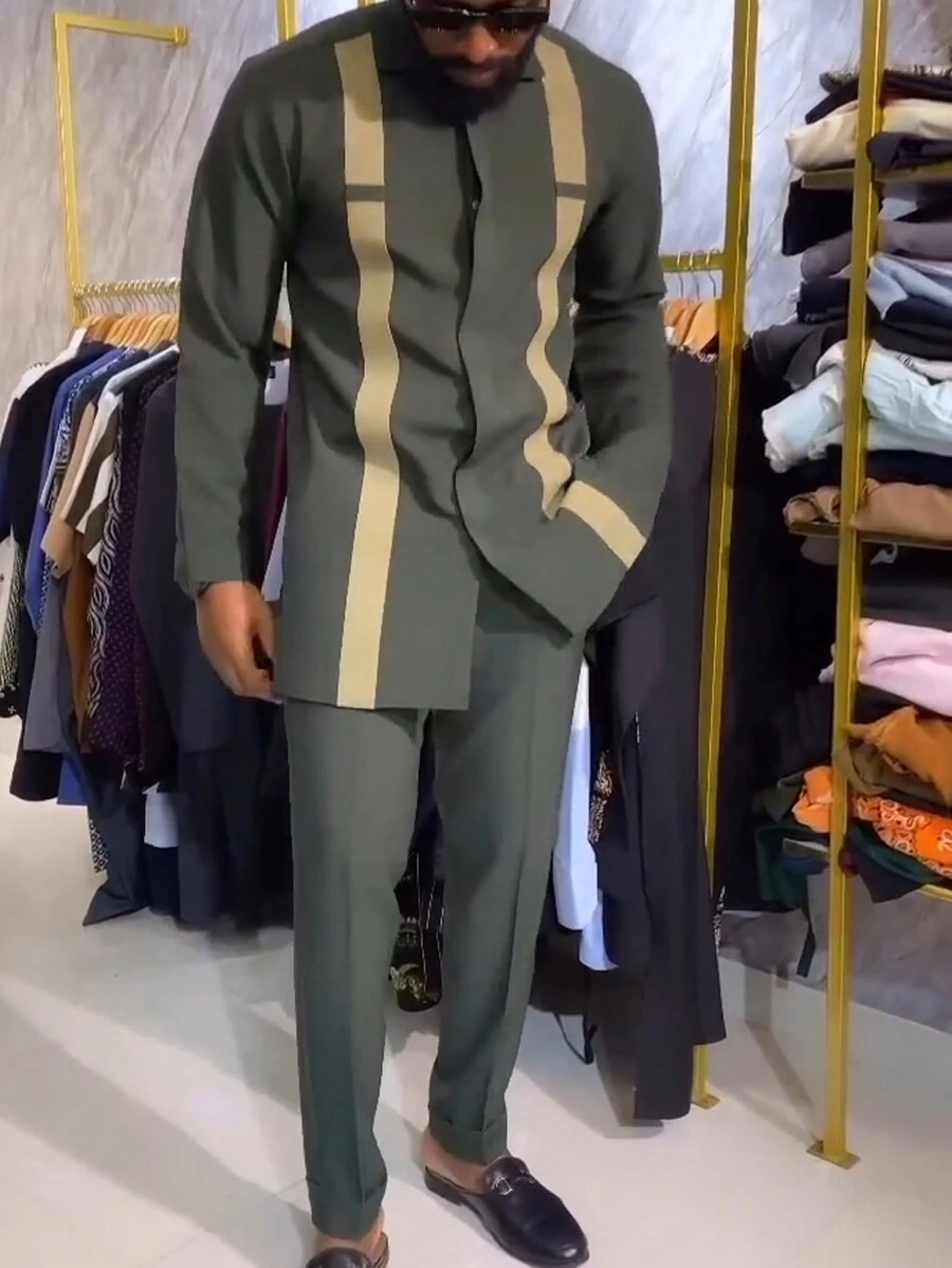 2 件套加大码男士绿色 Dashiki 套装，撞色，长袖，松紧腰裤，非洲服装，男士休闲衬衫和长裤套装，适合所有季节、派对、约会、街头穿着