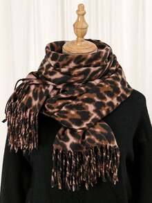 1 chiếc khăn choàng ấm áp in họa tiết da báo giả cashmere phong cách Bohemian dành cho nữ, đa năng cho mùa thu/đông - 03-Cà phê đen - Xem 6
