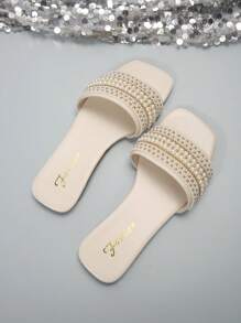 Women's Plus Size Flat Sandals, Vacation Style Casual Versatile Rhinestone Decor Summer Slides - Beige - View 6