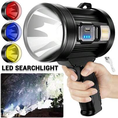 Rechargeable Spotlight Flashlight Outdoor, 900000LM Brightest Rechargeable Spotlight With Solar Panels & 6 Modes, Powerful LED Spotlights Long Runtime, Large Handheld Spot Light For Boating Hunting