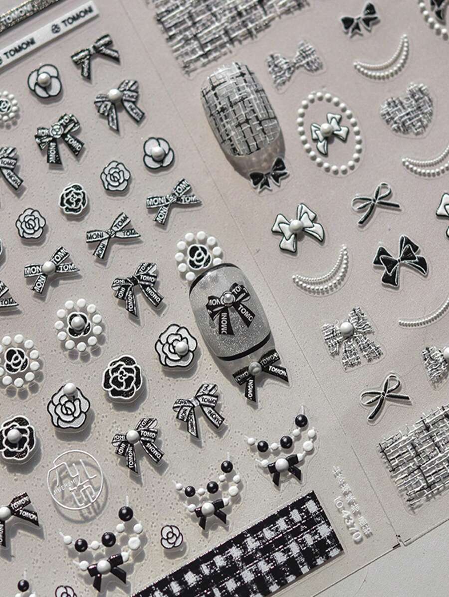 Beautizon Nailartlab 1片山茶花蝴蝶结美甲贴纸,半圆形仿珍珠装饰,DIY Y2K风格秋季美甲装饰3D美甲贴纸 - 彩色 - 查看 1