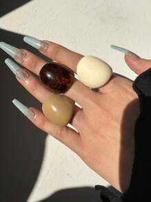 3pcs/Set Vintage Resin Ring Set In Beige And Brown, Elegant Accessory Gift For Friends - Multicolor - View 7