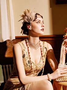 3 Stücke 1920er Jahre Flapper Feder Haarband Legierung Strass Haarschmuck, lange Perlenkette Halskette - Kunstperlekette Halskette Set für Frauen 20er Jahre Flapper Accessoires