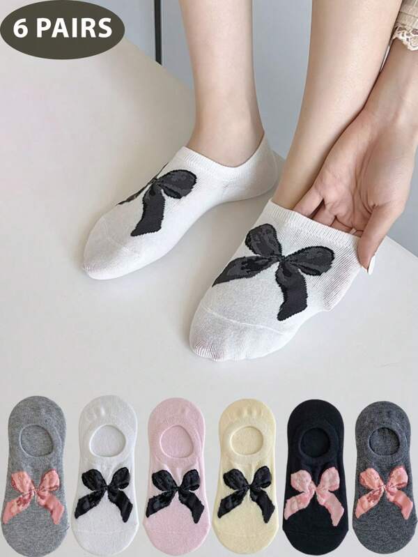 6 Pairs/Sets Of Women's Four Seasons Japanese JK Ankle Socks, No Show Socks Cute Bow Pattern Suitable For Everyday School