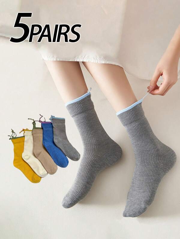 5 Pairs/ Pack Women's Mid-Calf Socks, Distressed Cutout Design, Moisture Wicking, Novelty Personalized Socks Suitable For Back To School