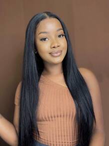 直发 4x4 蕾丝前部假发 人发预拔透明蕾丝前部假发 女士 150% 密度原生发 - 黑色 - 查看 5