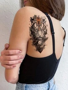 1 张大尺寸人体艺术临时纹身贴纸，男女皆宜，彩色逼真的老虎玫瑰时钟花朵三维图案，防水假纹身，持续 2-5 天，遮盖疤痕，可用于手臂手腕肩膀腿腰颈手胸部大腿手指脚踝，适用于派对、礼物、度假、身体装饰 - 黑色 - 查看 2