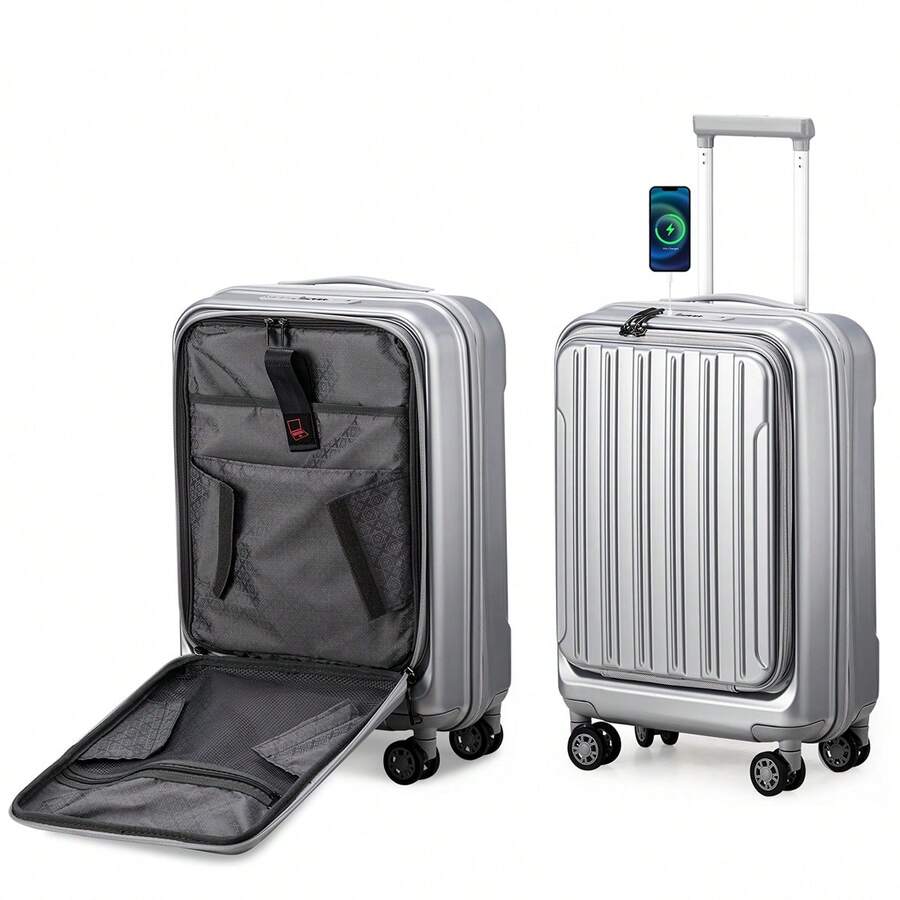 Maleta de mano expandible de 22 *14 * 9 pulgadas aprobada por aerolíneas con puerto USB, maleta de ABS+PC de 20 pulgadas con compartimento frontal, ruedas dobles giratorias, candado TSA, accesorios de viaje, ropa de viaje, artículos de aeropuerto, bolsa de equipaje, ideas de regalo de Navidad para mujeres y niñas, regalos de Navidad para mamá, amiga, regalos de Acción de Gracias, regalos de agradecimiento, regalo de cumpleaños para mamá - Plateado - Ver 1