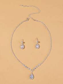 3 件套水晶锆石水滴项链和耳环首饰套装，适合婚礼和正式活动 - 寶藍色 - 查看 7