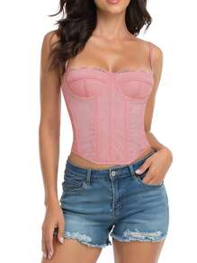 1pc Lace Bustier Corset Tops For Women Sexy Going Out Party Club Top With Buckle - 淺粉色 - 查看 4