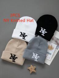 1/2/3 Stücke Neue Stickerei NY Winter Jungen und Mädchen Mütze Kinder Gestrickte Mütze Warm Weich Mützenstil, Eleganter Allround Hut
