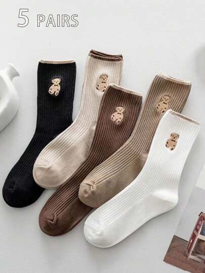 5 Paar Damen einfache, stilvolle Teddybär Muster Crew Socken, vielseitig für mehrere Jahreszeiten, Herbst