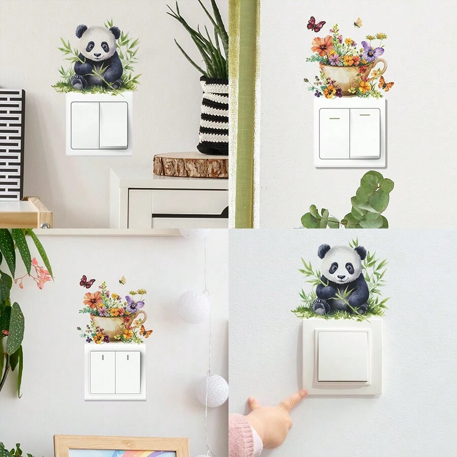 1 miếng dán hình công tắc hình gấu trúc, tre, tách trà và hoa màu nước - Nhiều màu - Xem 1