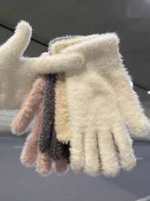 1 Cặp Găng tay giữ ấm đi xe đạp mùa đông bằng lông thỏ giả sang trọng cho nữ Găng tay lót nhiệt dễ thương chống lạnh cho ngón tay Găng tay màu trơn - Nhiều màu - Xem 2