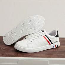 Giày thể thao nam trơn màu, giày thể thao Hip-Hop thường ngày, giày thể thao tối giản màu trắng, giày buộc dây thoải mái thời trang học đường, giày sinh viên, cổ thấp - trắng đỏ - Xem 3