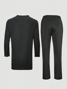 Plus Size Men's Black Dashiki Print Suit, Golden Embroidery, Elastic Waist Pants, African Fashion, 2pcs Casual Button-Down Shirt & Trousers Set, New Style For All Seasons, Suitable For Party, Date, Streetwear - Black - View 3